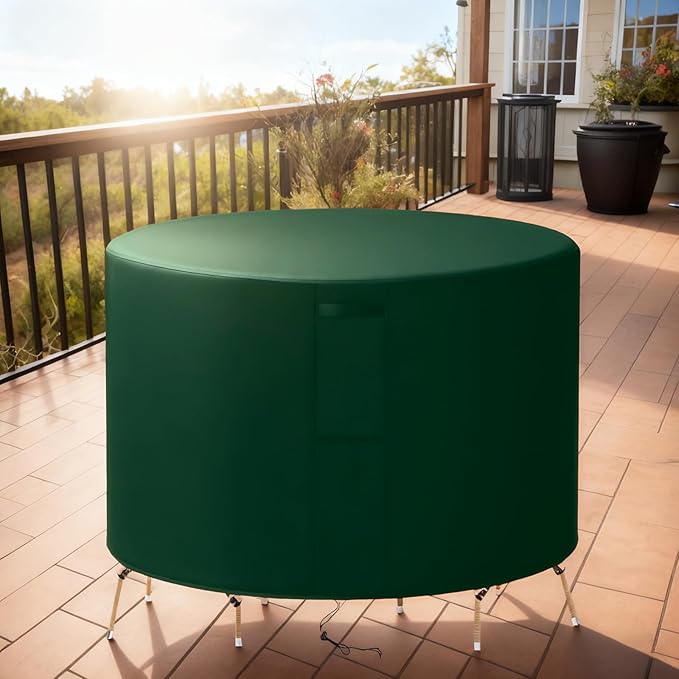 88"(D) x 16"(H) Round Outdoor Furniture Cover, Custom Heavy Duty 420D Waterproof Patio Furniture Cover with Drawstring & Buckles for Table Chair Garden, Green