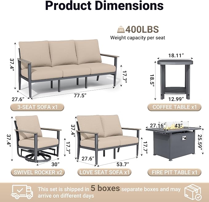 Aluminum Outdoor Patio Furniture Set, 6-Piece Sectional Sofa with 5.1" Thick Cushions, Swivel Rocking Chairs, 55,000 BTU Propane Fire Pit Table, Outdoor Couch for Backyard, Deck, Khaki