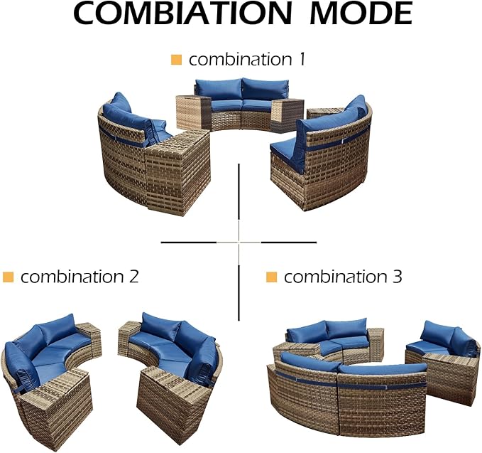 ECOTOUGE Curved Outdoor Sectional Sofa, 3 Piece Half-Moon Rattan Patio Furniture Set, Wicker Conversation Sets with Tempered Glass Round Coffee Table for Pool Backyard Patio Garden(Blue)