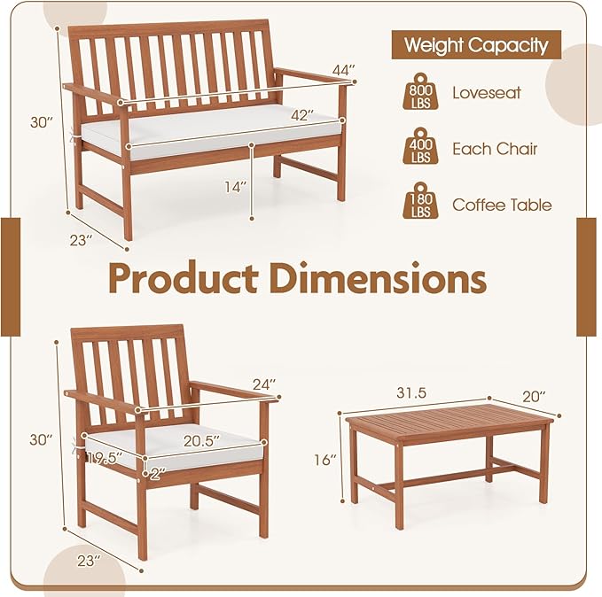 HAPPYGRILL 8 Pieces Acacia Wood Furniture Set, Patio Conversation Set w/Seat Cushions & Robust Wood Frame, Outdoor Loveseat Sofa, 4 Armchairs & 2 Coffee Table Set for Backyard, Porch, Poolside (2)