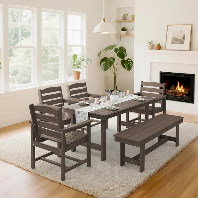 KINGYES 6-Piece Patio Dining Set, HDPE Outdoor Table and Chairs with Bench, Dark Brown