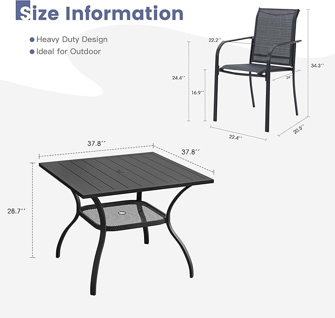 VICLLAX Outdoor Dining Set for 4, Patio Furniture Set of 4 Patio Stackable Dining Chairs and Outdoor Metal Square Table with Umbrella Hole for Backyard Lawn Garden, Dark Grey Chairs and Black Table