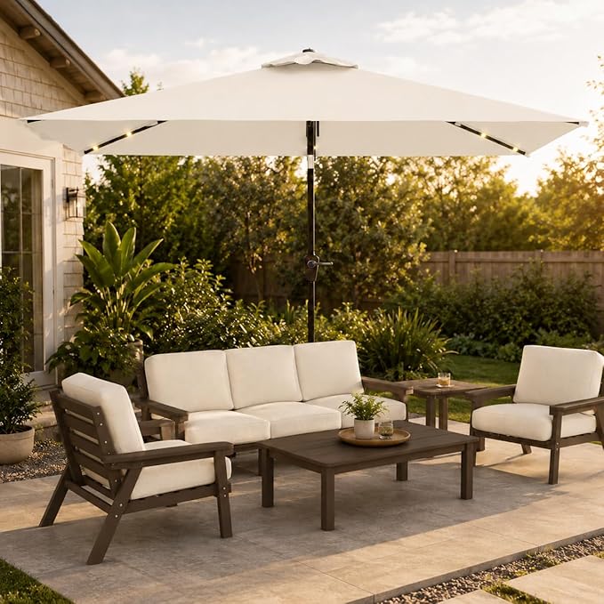 6.5 x 10ft Rectangular Patio Umbrella with Solar Lights, 16 LED Lighted Market Umbrella with Push-Button Tilt and Crank, 6 Sturdy Iron Ribs for Garden, Deck, Pool, Creamy White