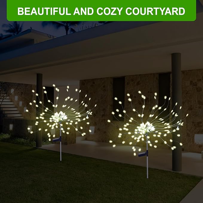 PXBNIUYA 4 Pcs Solar Garden Light Outdoor,175 LED Solar Firework Lights for Yard, 2 Modes IP67 Waterproof Copper Wire DIY Decorative Light, Starburst Lights for Party Patio(Warm White)