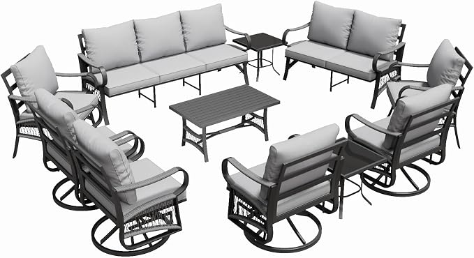 11 Piece Patio Furniture Set, 4 Single Swivel Chairs, Rope Braided Exposed with Thick Cushions, Outdoor All Weather Patio Conversation Sectional Sofa Set for Garden, Porch, Lawn, Grey