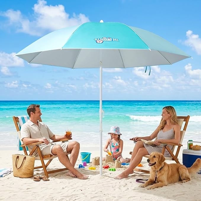 Old Bahama Bay 8ft Beach Umbrella with Screw Sand Anchor & Tilt Mechanism, UPF 50+ UV Protection, Windproof Heavy Duty Portable Sun Shelter with Carry Bag for Patio, Garden, Pool & Backyard, Teal/Blue