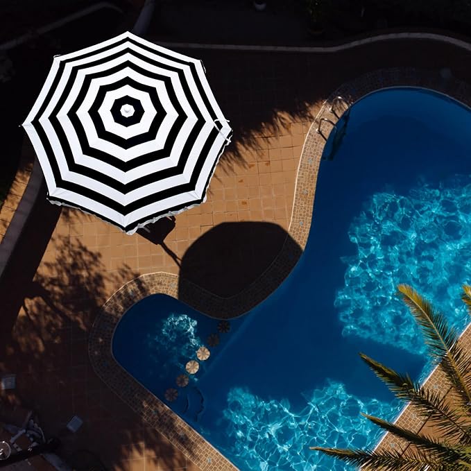 6.5Ft Valance Beach Umbrella, Classic Scalloped Fringe Umbrella with Push Button Tilt, UPF50+ Portable Outdoor Umbrellas with Carry Bag for Patio Garden Pool