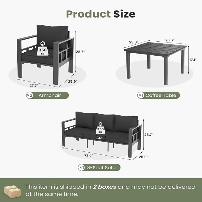 4 Piece Aluminum Patio Furniture Set, Thick Cushions, Aluminum Outdoor Sectional Conversation Set with Coffee Table for Porch, Backyard, Deck, Garden(Grey/Dark Grey-2)