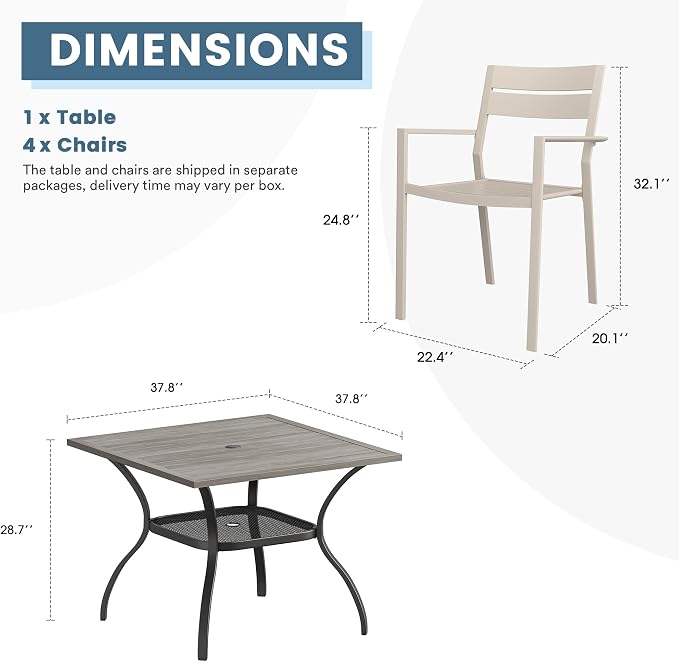 DIFY 5 Piece Outdoor Patio Dining Set for 4, Patio Table and Chairs Set with Umbrella Hole, 37.8" Square Dining Table and Stackable Metal Chairs for Backyard Poolside Deck, Grey Wood-Like & Sandshell