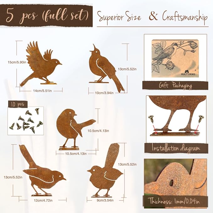 OULYDEKO 5PCS Rusty Birds Decoration,Outdoor Bird Wall Decor,Metal Birds Yard Decor, Metal Birds Craft Statue Ornaments - Garden Sculptures and Yard Art, Fence Decorations Outdoor,Rustic Garden Decor