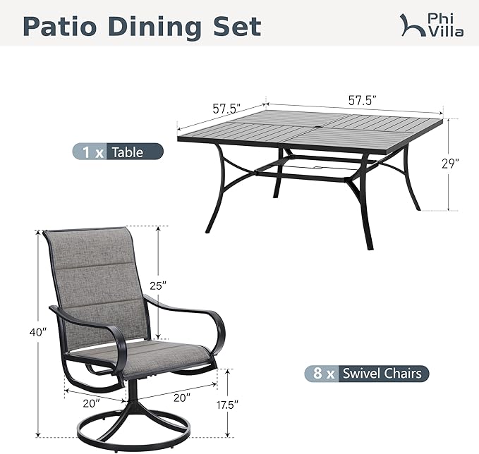 PHI VILLA Outdoor Dining Set for 8 w/Metal Table & Padded Swivel Chairs | High back chairs,All weather reistant, Metal table, 8 person, Umbrella hole, Patio deck backyard