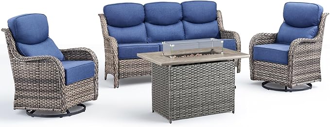 Luxury Patio Furniture Set with Fire Pit Table-4 Pieces High Back Wicker Swivel Rocker Chairs with 6" Extra Thick Cushions, Outdoor Patio Conversation Sets for Porch Deck Backyard(Grey/Blue)