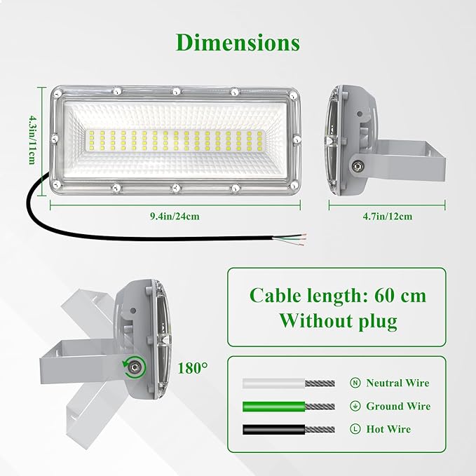 50W LED Flood Light with Photocell, 7000LM Dusk to Dawn Security Light Outdoor, 6500K Floodlight LED IP67 Waterproof Flood Lights Outdoor 180 °Adjustable Angle for Garden, Backyard
