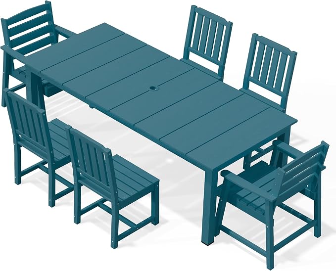 AreShark 7-Piece Outdoor Dining Set,HDPE Patio Table with 6 Chairs,All-Weather Patio Furniture Set with Umbrella Hole,Low Maintenance Wood Grain Dining Set for Backyard,Garden,Poolside,Navy Blue
