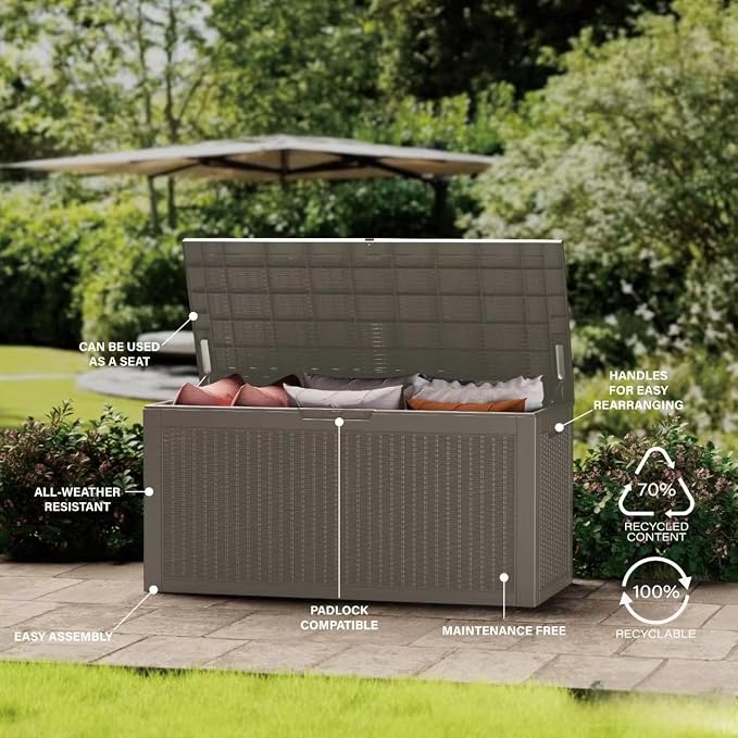 200 Gallon Resin Deck Box, Waterproof Outdoor Storage Bin for Patio Furniture, Pool Accessories, and Garden Tools, Lockable & UV-Resistant, Grey