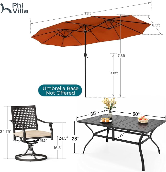 PHI VILLA Outdoor Table Chairs Set for 6, Patio Metal Furniture w/Umbrella | 60" wrought iron rectangle table & swivel chairs w/ cushions. 13ft red umbrella. 7 pcs furniture set for deck, porch