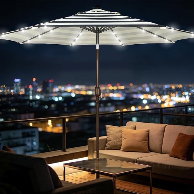 Blissun 9 ft Solar Umbrella, Patio Umbrella with 32 LED Lights, Table Market Umbrella, Outdoor Umbrella for Garden, Deck, Backyard, Black & Beige