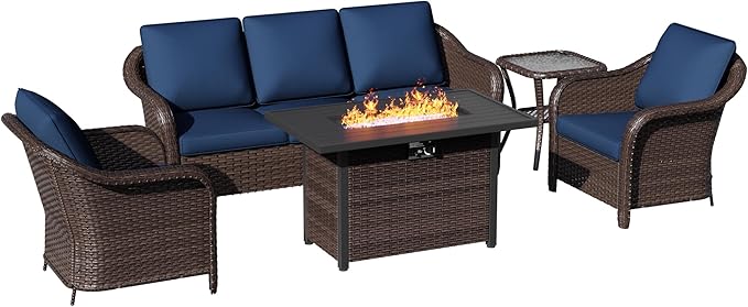5 Piece Patio Wicker Conversation Set, All-Weather Use Outdoor Wicker Sofa with 2 PE Rattan Ottomans,2 Chair, 1 Side Table, Ideal for Porch, Backyard, Balcony, Poolside, Blue