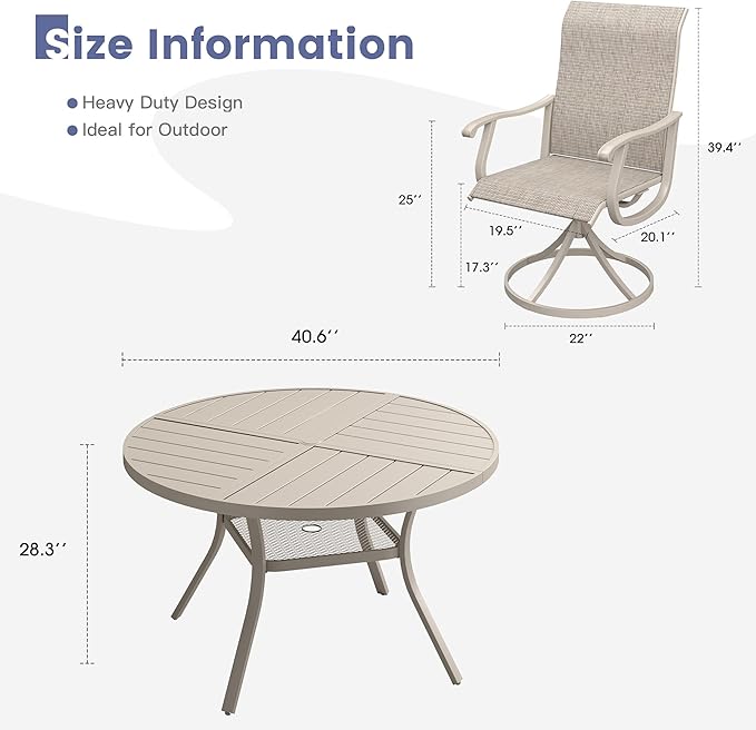 VICLLAX 5 Pieces Patio Dining Set, Patio Furniture Set of 4 Patio Swivel Dining Chairs and 40.6" Patio Spliced Round Tabletop with Storage Shelf, Sandshell Chairs & Sandshell Tabletop