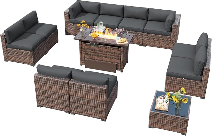 LazySunsets 12 Piece Outdoor Patio Furniture Set with 44'' Fire Pit Table, Outdoor Patio Furniture Sets with 4'' Thicken Cushion, Wicker Rattan Outdoor Conversation Set for Backyard, Grey
