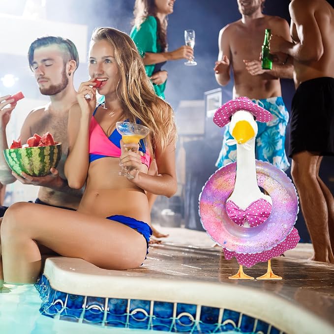 Porch Goose Summer Outfit, Yellow, 23'' Lawn Statue | Bikini Hawaiian Outfit, Hat & Sunglasses Included, Swimming Ring Included, For Cement or Plastic Goose