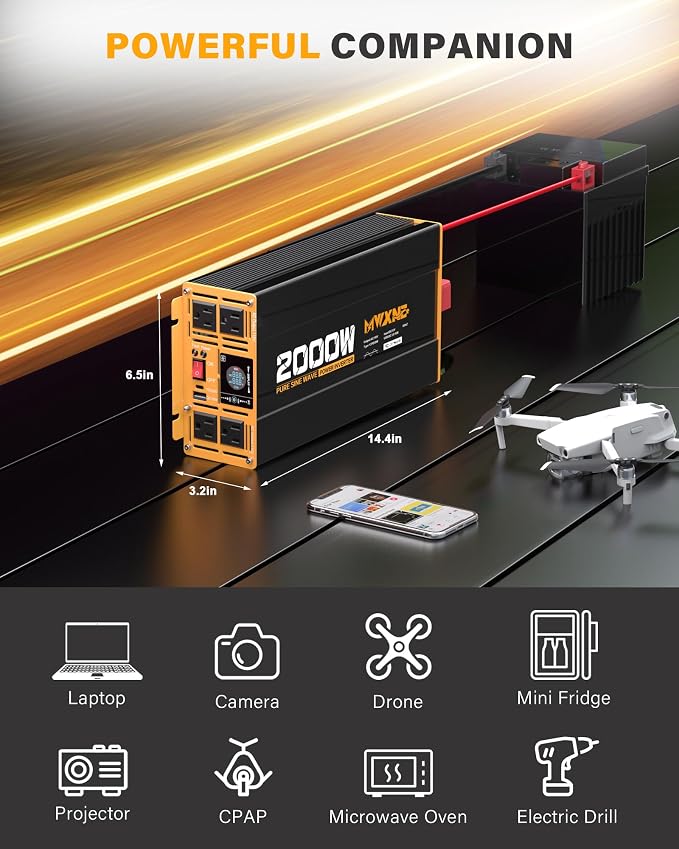2000W Pure Sine Wave Inverter 12V DC to 110V 120V AC Car Converter for RV Truck Off-Grid Solar Power Inverter with 4 AC Outlets, USB/Type-C Fast Charging Ports, LCD Display, Remote Control