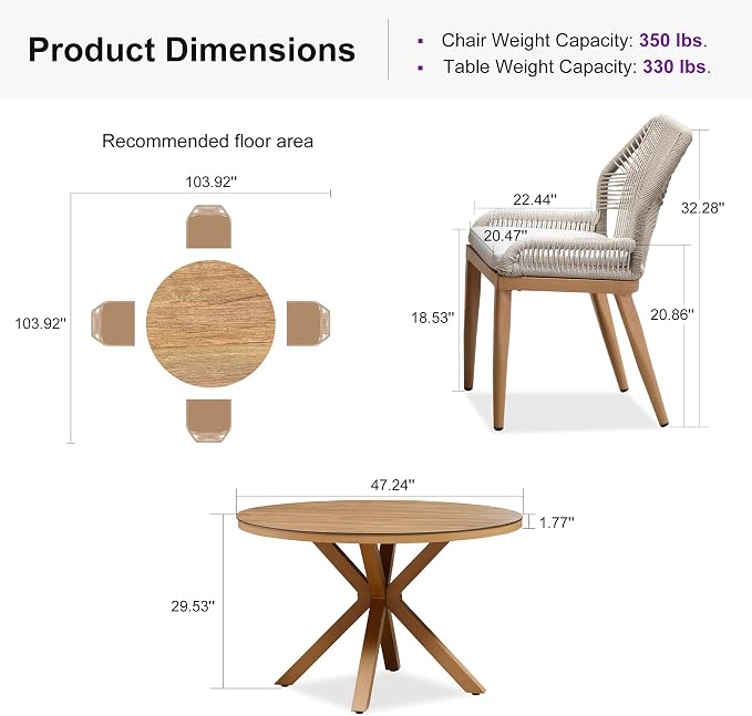 PURPLE LEAF 5 Pieces Round Dining Set Patio Aluminum Modern Oversize Round Table and Wicker Chairs with Cushions for Kitchen Porch Garden Outdoor Furniture Sets, Teak