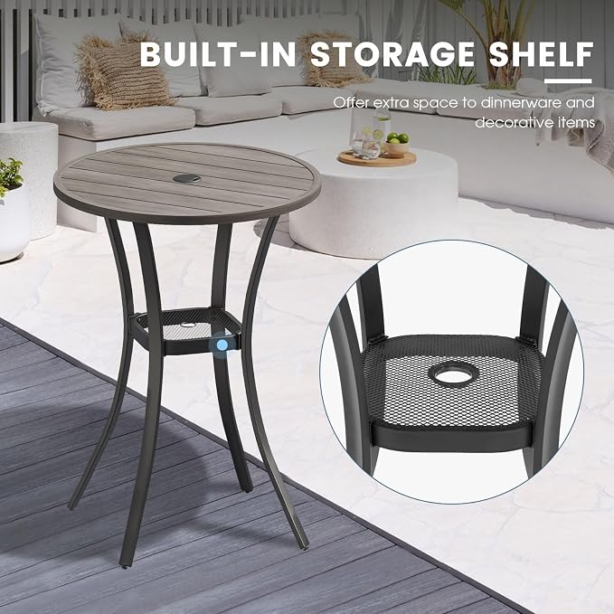 DIFY Patio Bar Height Table, Grey Wood-Like 28" Round Outdoor Pub Table with 1.57" Umbrella Hole for Bistro, Garden, Poolside and Balcony