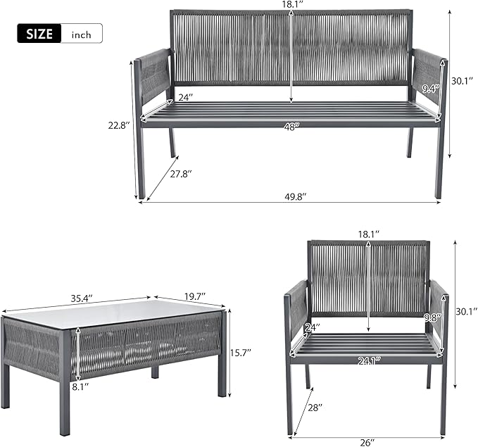 Harper & Bright Designs K&K 4-Piece Rope Patio Furniture Set, Outdoor Furniture with Tempered Glass Table, Patio Conversation Set Deep Seating with Thick Cushion for Backyard Porch Balcony (Grey)