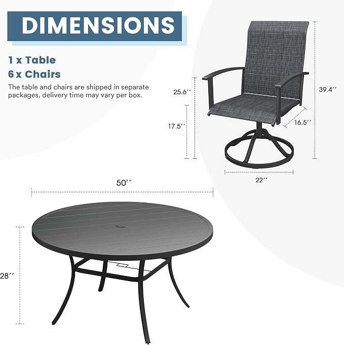 DIFY 7 Pieces Outdoor Dining Set for 6, 50" Black Round Metal Table with Umbrella Hole and Dark Grey Textilene Swivel Patio Chairs, Patio Table and Chairs Set for Garden, Backyard, Poolside