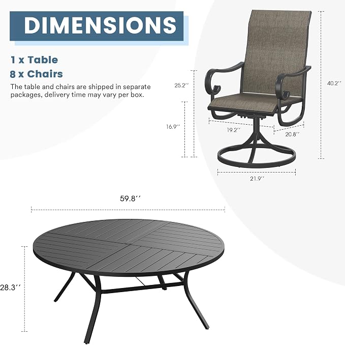 DIFY 9 Piece Outdoor Dining Set for 8, 59.8" Black Round Metal Dining Table with Umbrella Hole and Swivel Patio Chairs with Brown Textilene Fabric, Patio Table and Chairs Set for Garden Backyard Deck