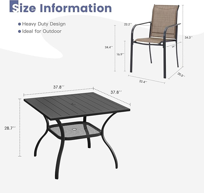VICLLAX Outdoor Dining Set for 4, Patio Furniture Set of 4 Patio Stackable Dining Chairs and Outdoor Metal Square Table with Umbrella Hole for Backyard Lawn Garden, Brown Chairs and Black Table