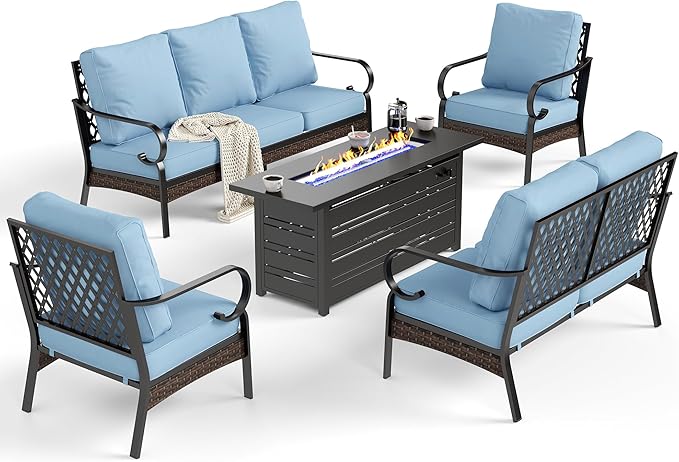 5 Piece Metal Outdoor Patio Furniture Sets with Firepit Table, Patio Conversation Sets 1 3-Seater Sofa, 1 2-Seater Loveseat, 2 Single Sofa with 5.75" Cushion for Backyard Deck, Blue
