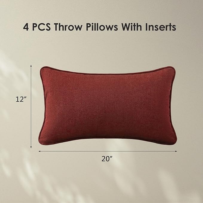 Sunbrella Decorative Outdoor Water Repellent Throw Pillows with Inserts, Set of 4, 20" x12" Pillows for Patio, Backyard, Bed, Couch, and Patio Furniture, Spectrum Brick