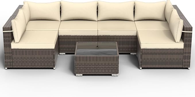 Outdoor Patio Furniture Set 7 Pieces Sectional Rattan Sofa Set, PE Rattan Wicker Patio Conversation Set with 6 Seat Cushions and 1 Tempered Glass Table and Furniture Cover, Brown