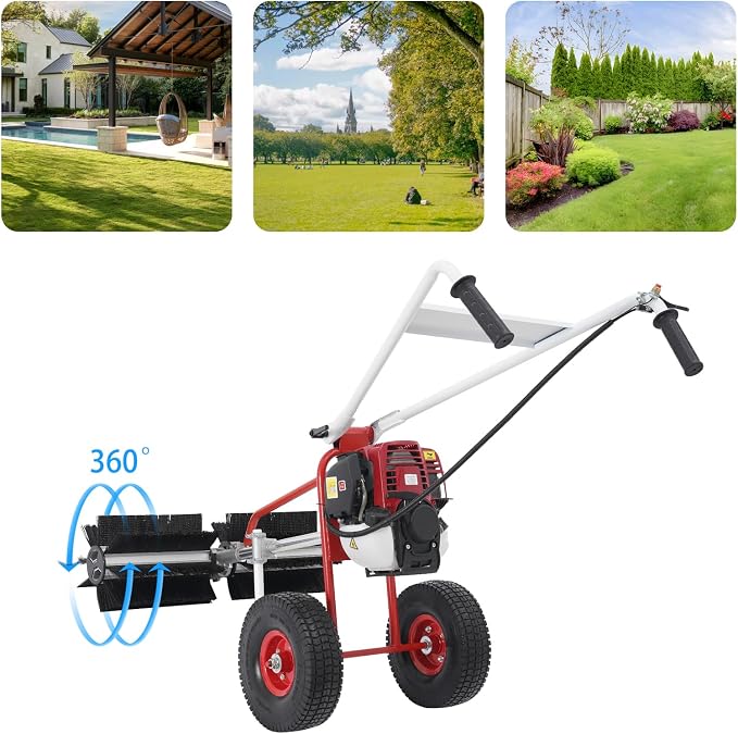 4-Stroke Lawn Sweeper, 37.7CC 1KW 2.3HP Gas Powered Hand Push Sweeper Lawn Brush Sweeper Hand Held Gas Power Broom Manual Floor Standing Sweepers w/0.17Gal Fuel Tank for Yard Farms Parks (37.7CC)