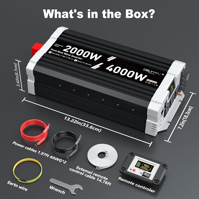 48V Inverter 2000 Watt Inverter, Pure Sine Wave Inverter, Power Inverter with Remote Control, 48V DC to 110V AC, 3 AC Outlets, USB & Type-C Ports, LCD Display for RV, Solar, Home Backup Power