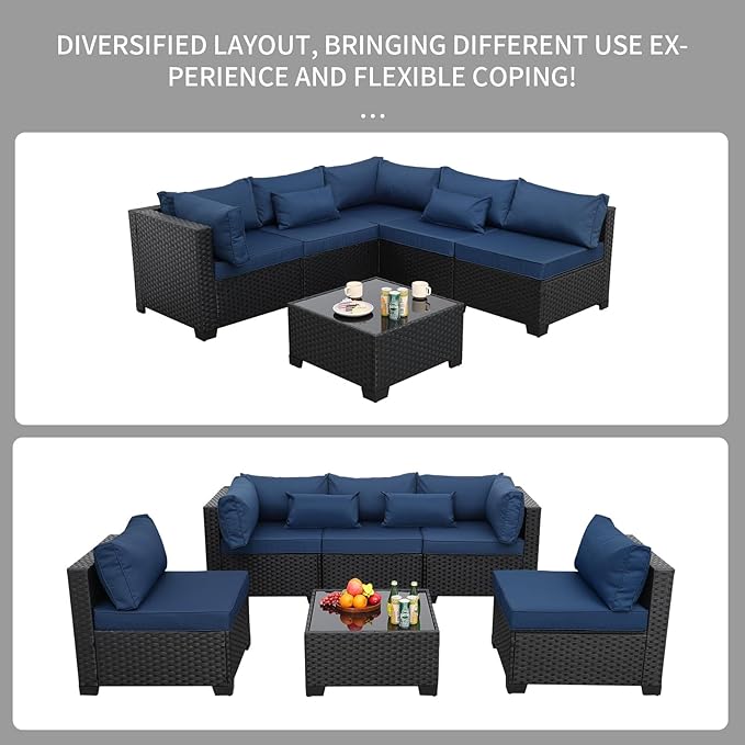 Rattaner Patio Sectional 6 Pieces All-Weather Wicker Patio Furniture Set Outdoor Sectional with Glass Table Non-Slip Cushions and Waterproof Cover, Navy Blue