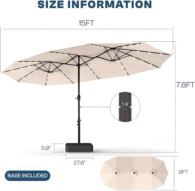 15FT Large Outdoor Patio Umbrella with Solar Lights and Base, Double-Sided Table Umbrellas with 48 LED Lights, Rectangle Market Umbrella for Pool, Deck, Backyard