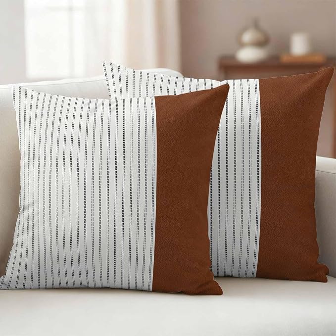 Boho Brown Leather Texture Outdoor Pillow Covers 18x18 Inch Throw Pillow Covers Set of 2 Waterproof Decorative Pillow Cases Modern Black Striped Cushion Covers for Patio Furniture Garden Couch Sofa