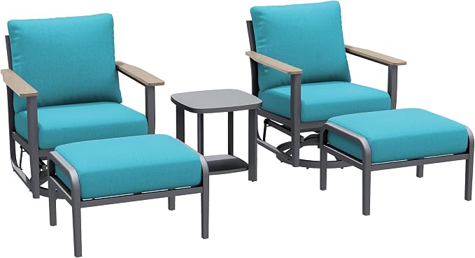 Aluminum Patio Swivel Rocking Chair Outdoor Bistro Set with Ottomans, 5PCS Patio Conversation Set Outdoor Patio Furniture Set with High Backrest & Thickened Cushions for Garden, Turquoise