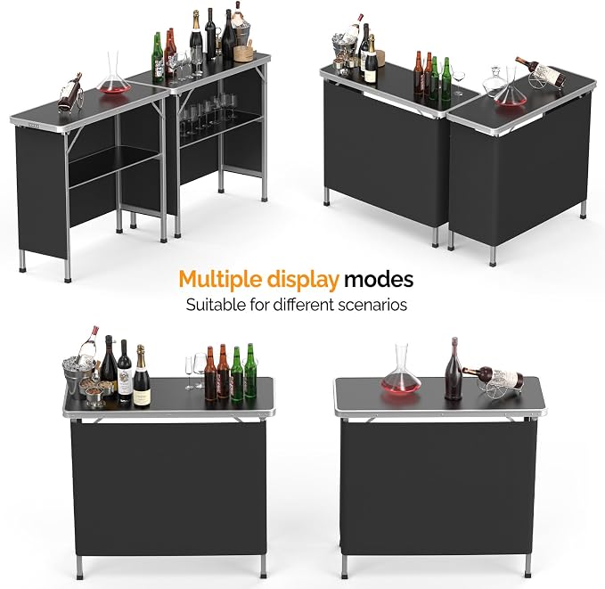 VINGLI 39" Portable Bar Table, Mobile Bar Table for Events, Party, Camping, Picnic, Tradeshow, Outdoor & Indoor with Black Skirt Carry Bag(Black)