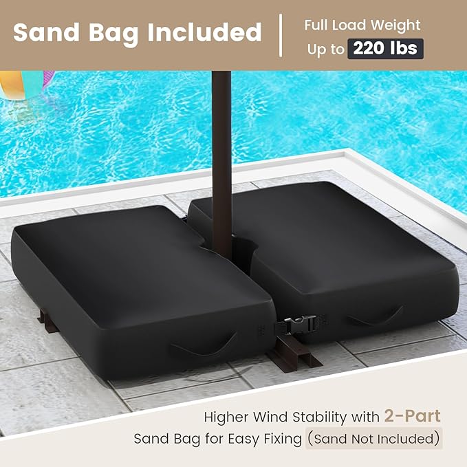 Tangkula 10FT Offset Patio Umbrella with Base Included, Outdoor Cantilever Umbrella with 40 Solar LED Lights, Tilt Adjustment, Crank Handle, Vented Top, Sand Bags for Pool Yard Deck (Tan)