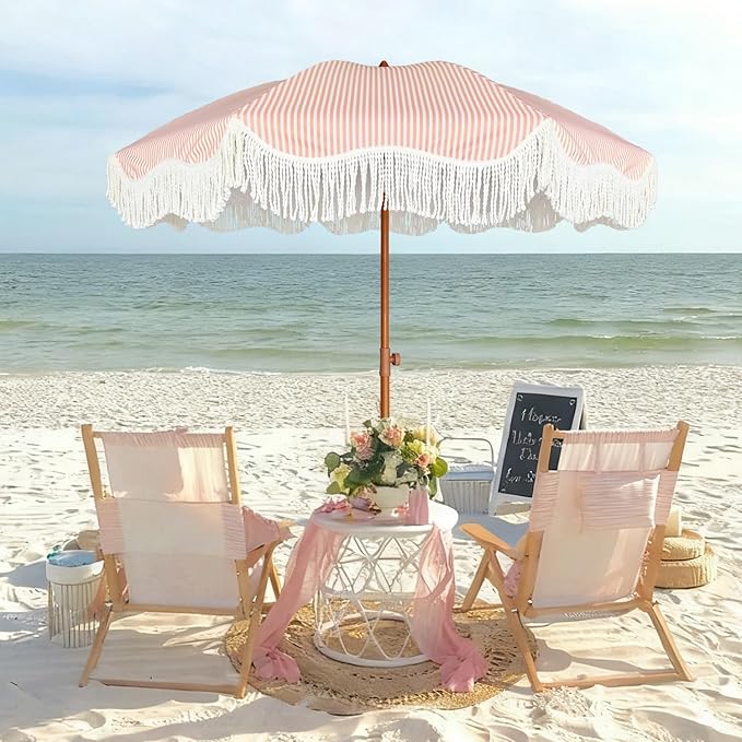 AMMSUN Boho Fringe Umbrella Outdoor Patio, 6.5ft UPF50+ Picnic Umbrella with Tassels with Steel Pole and Push Button Tilt, Pink Stripe