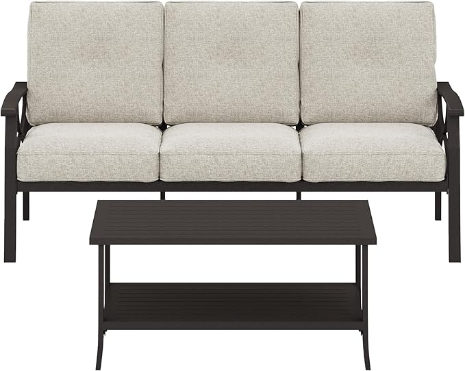 RoyalCraft Outdoor Patio Furniture Set, 2 Piece Patio Conversation Set, Metal Furniture Set with 3 seat Sofa for Porch Backyard, Khaki Metal Chair with Beige Cushions