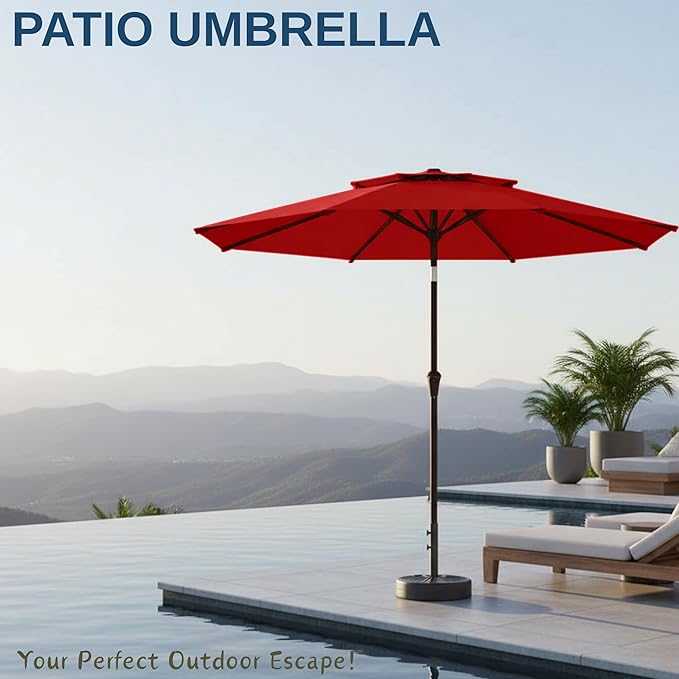 9ft 2-Tiers Patio Umbrella,Outdoor Market Table Umbrella with Push-Button Tilt & Crank | UV Protection,Suit for Backyard,Garden,Pool,Deck(Red)