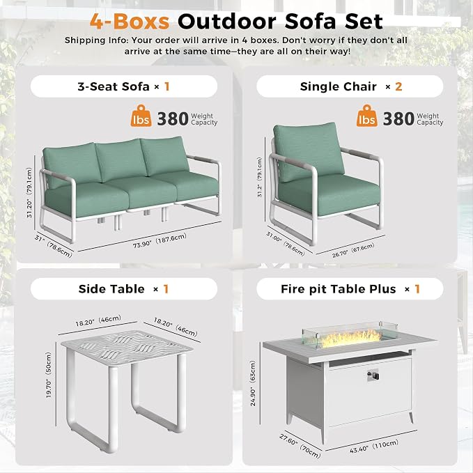 Outdoor Aluminum Patio Furniture Set with 43" Fire Pit Table,5-Seat Outdoor Conversation Set with 6.5" Thick Cushions & Coffee Table, All-Weather Patio Set for Backyard,White