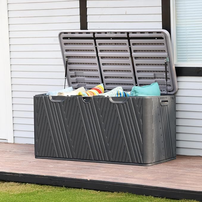 Aoodor 85 Gallon Deck Box, Outdoor Storage Box, Waterproof & Weather-Resistant Lockable, Patio Bench Storage Box for Cushion, Garden Tools, Black
