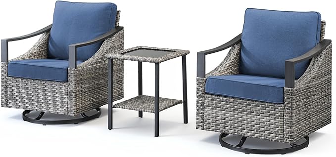 3 Pieces Wicker Patio Furniture Set-High Back Swivel Patio Chairs Set of 2 with Rattan Side Table, PE Wicker Outdoor Patio Furniture Sets with Covered Cushions for Porch Deck Garden Grey/Blue