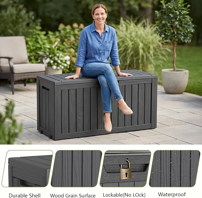 Waterproof Outdoor Storage Box Outside Deck Box Lockable Resin Bench UV Resistant Furniture Cushion Pool Tool Float Bin Patio Garden Porch (Black, 85 Gallon)